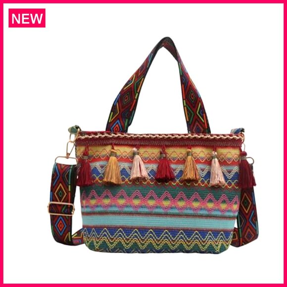 Boho Crossbody Bag with Tassels, Adjustable Strap, Canvas Tote - Picture 2 of 8